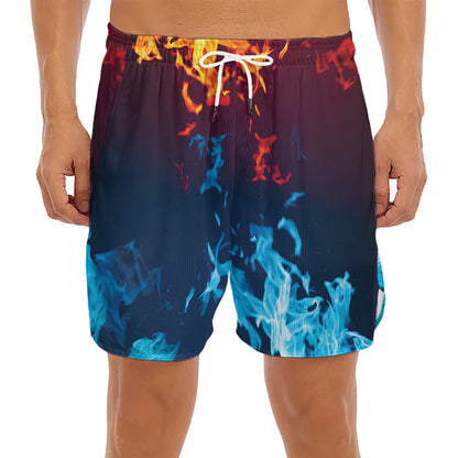 Red And Blue Fire Print Men's Split Running Shorts