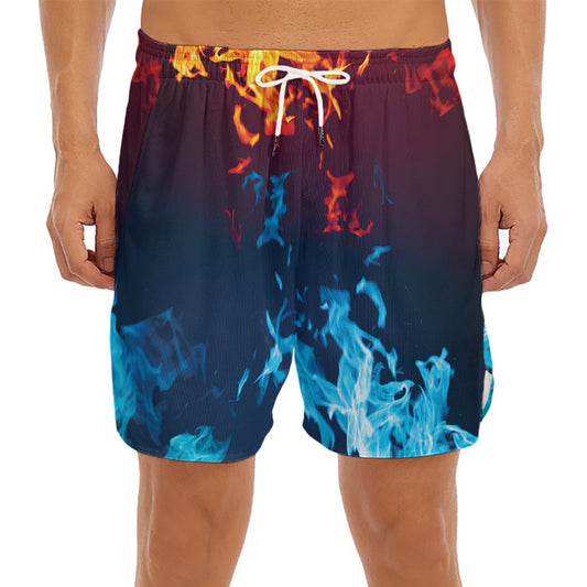 Red And Blue Fire Print Men's Split Running Shorts