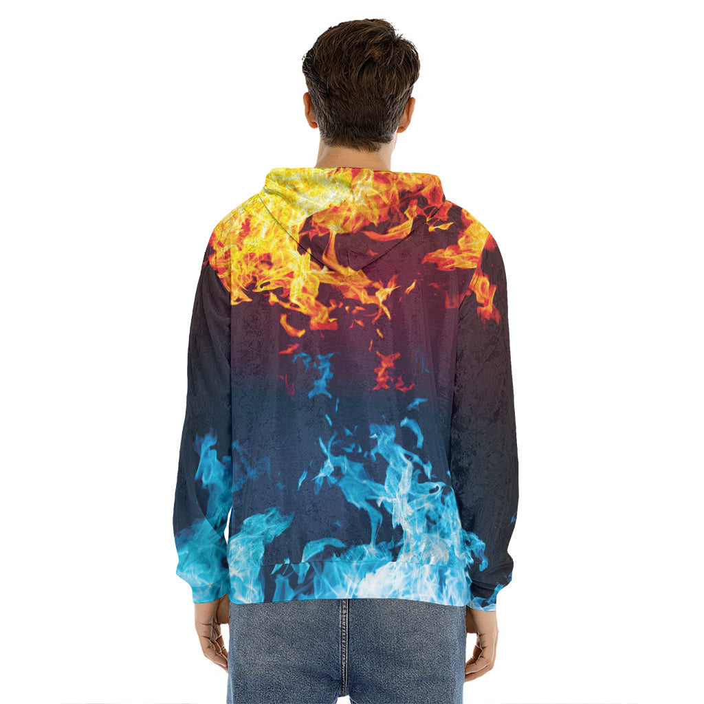 Red And Blue Fire Print Men's Velvet Pullover Hoodie
