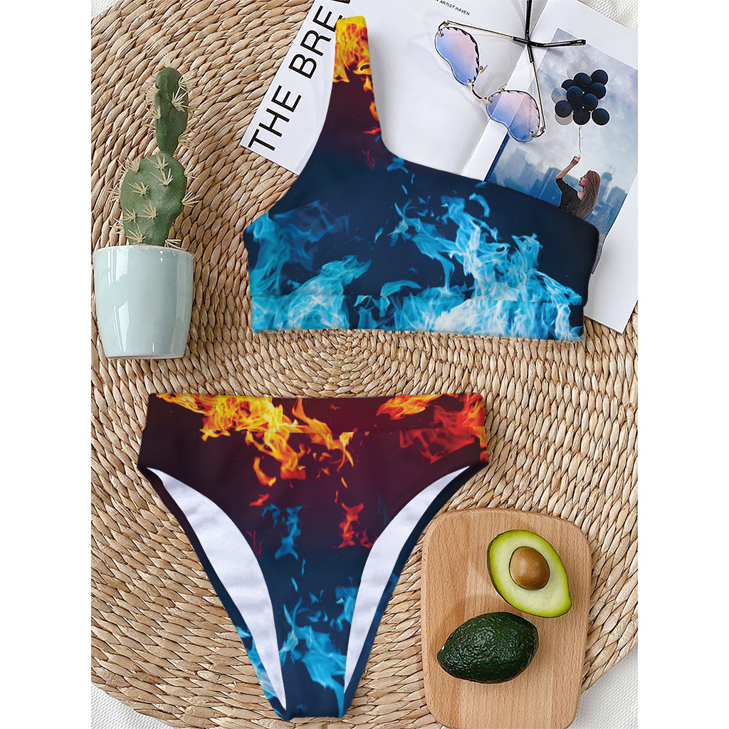 Red And Blue Fire Print One Shoulder Bikini Top