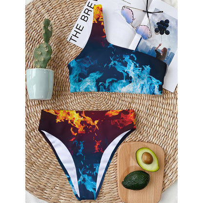 Red And Blue Fire Print One Shoulder Bikini Top