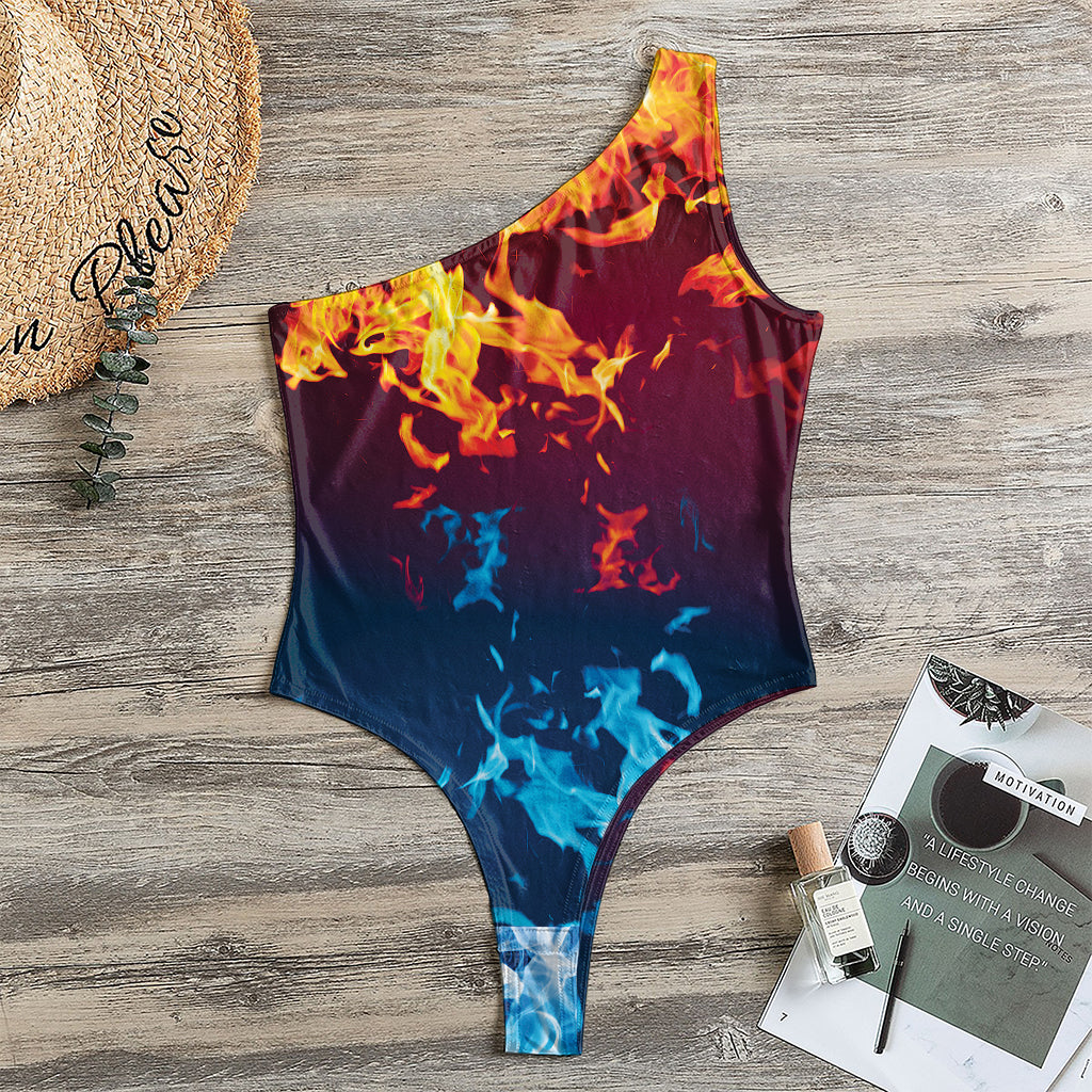 Red And Blue Fire Print One Shoulder Bodysuit