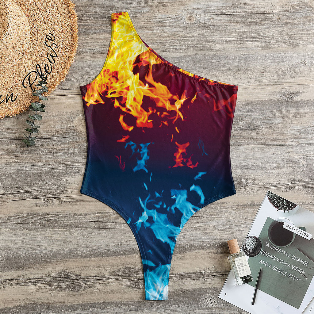Red And Blue Fire Print One Shoulder Bodysuit