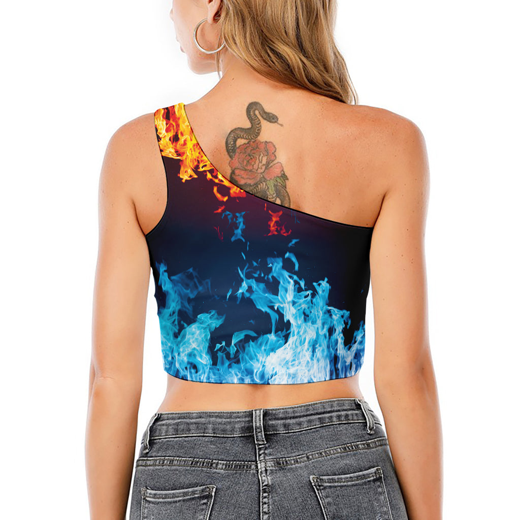 Red And Blue Fire Print One Shoulder Crop Top