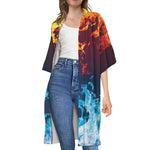 Red And Blue Fire Print Open Front Beach Cover Up
