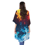 Red And Blue Fire Print Open Front Beach Cover Up