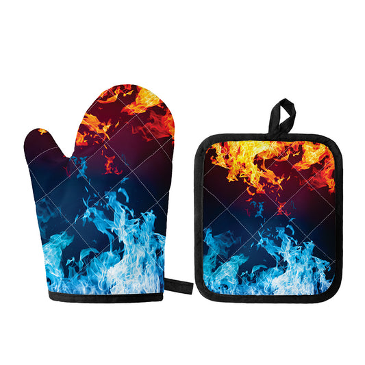 Red And Blue Fire Print Oven Mitt And Pot Holder Set