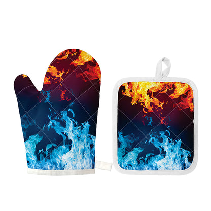 Red And Blue Fire Print Oven Mitt And Pot Holder Set