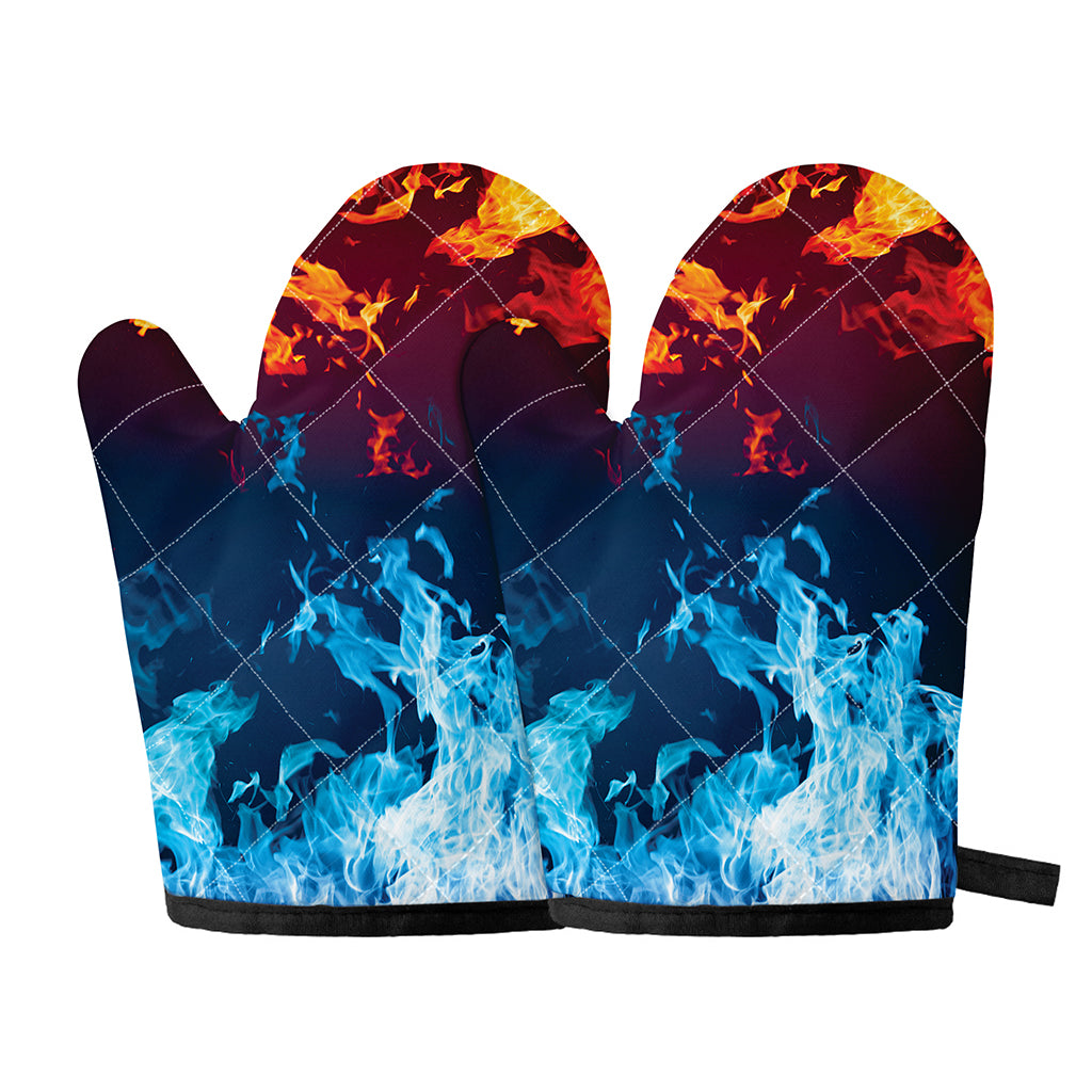 Red And Blue Fire Print Oven Mitts