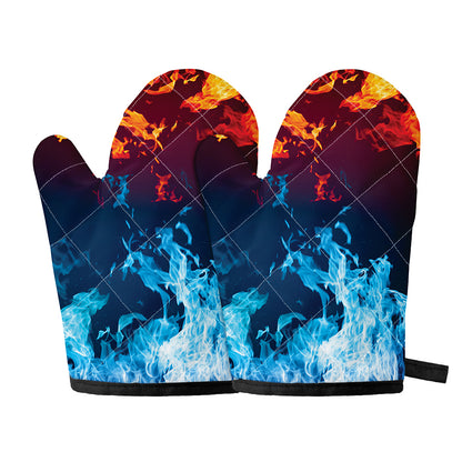 Red And Blue Fire Print Oven Mitts