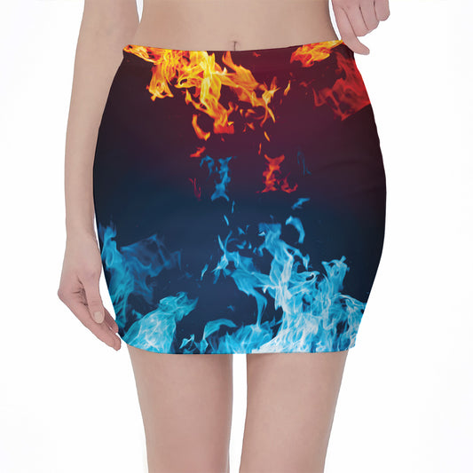 Red And Blue Fire Print Pencil Mini Skirt