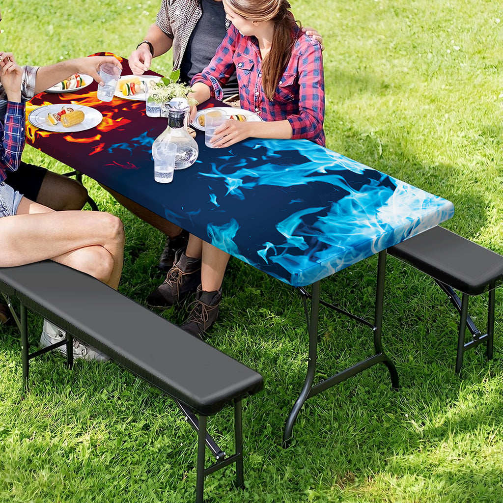 Red And Blue Fire Print Picnic Table Cover