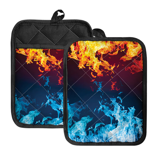 Red And Blue Fire Print Pot Holders With Pocket
