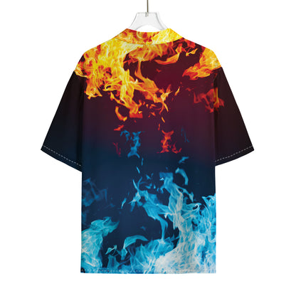 Red And Blue Fire Print Rayon Hawaiian Shirt