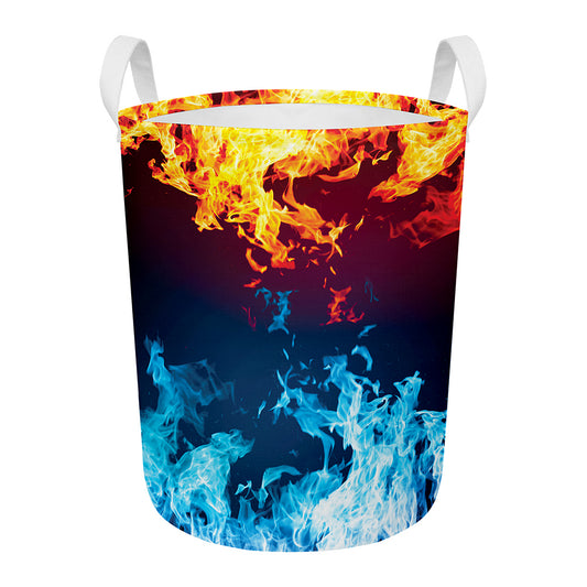 Red And Blue Fire Print Round Laundry Basket