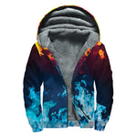 Red And Blue Fire Print Sherpa Lined Zip Up Hoodie