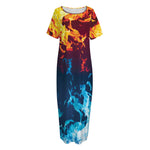 Red And Blue Fire Print Short Sleeve Long Nightdress