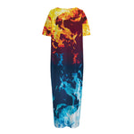 Red And Blue Fire Print Short Sleeve Long Nightdress