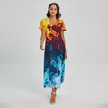 Red And Blue Fire Print Short Sleeve Maxi Dress