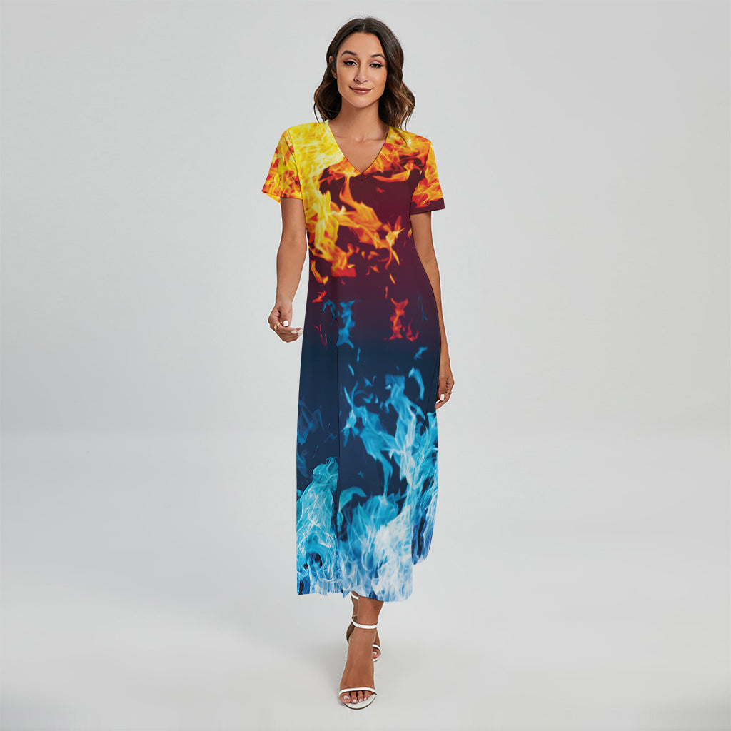 Red And Blue Fire Print Short Sleeve Maxi Dress