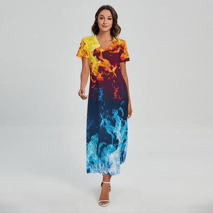 Red And Blue Fire Print Short Sleeve Maxi Dress