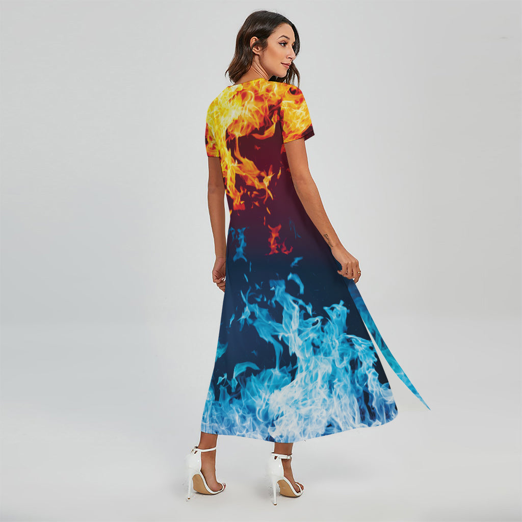 Red And Blue Fire Print Short Sleeve Maxi Dress