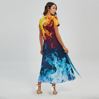 Red And Blue Fire Print Short Sleeve Maxi Dress