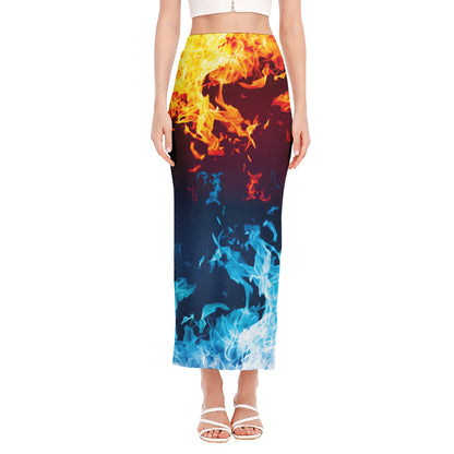 Red And Blue Fire Print Side Slit Maxi Skirt