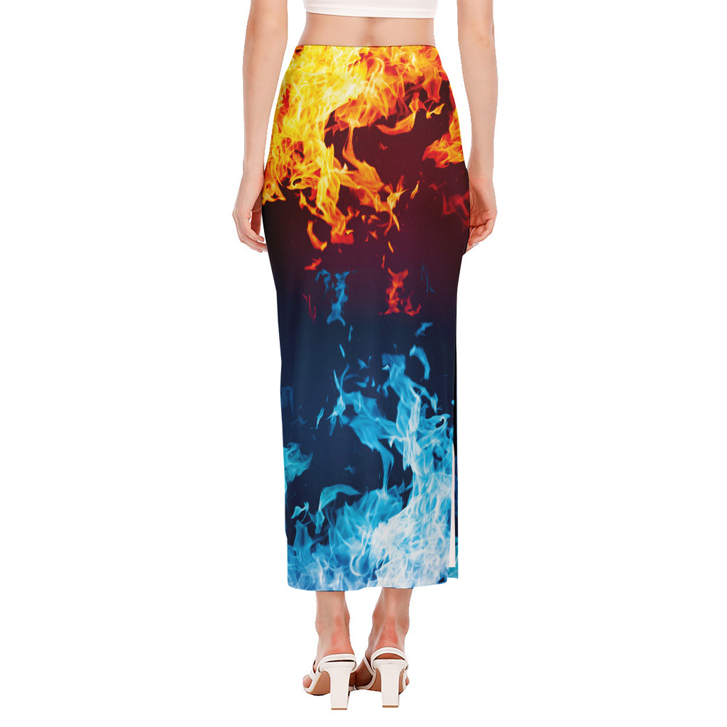 Red And Blue Fire Print Side Slit Maxi Skirt