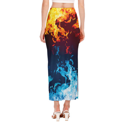 Red And Blue Fire Print Side Slit Maxi Skirt