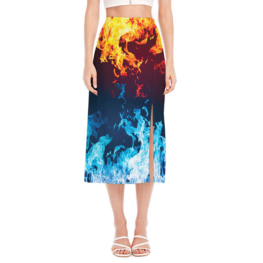 Red And Blue Fire Print Side Slit Midi Skirt