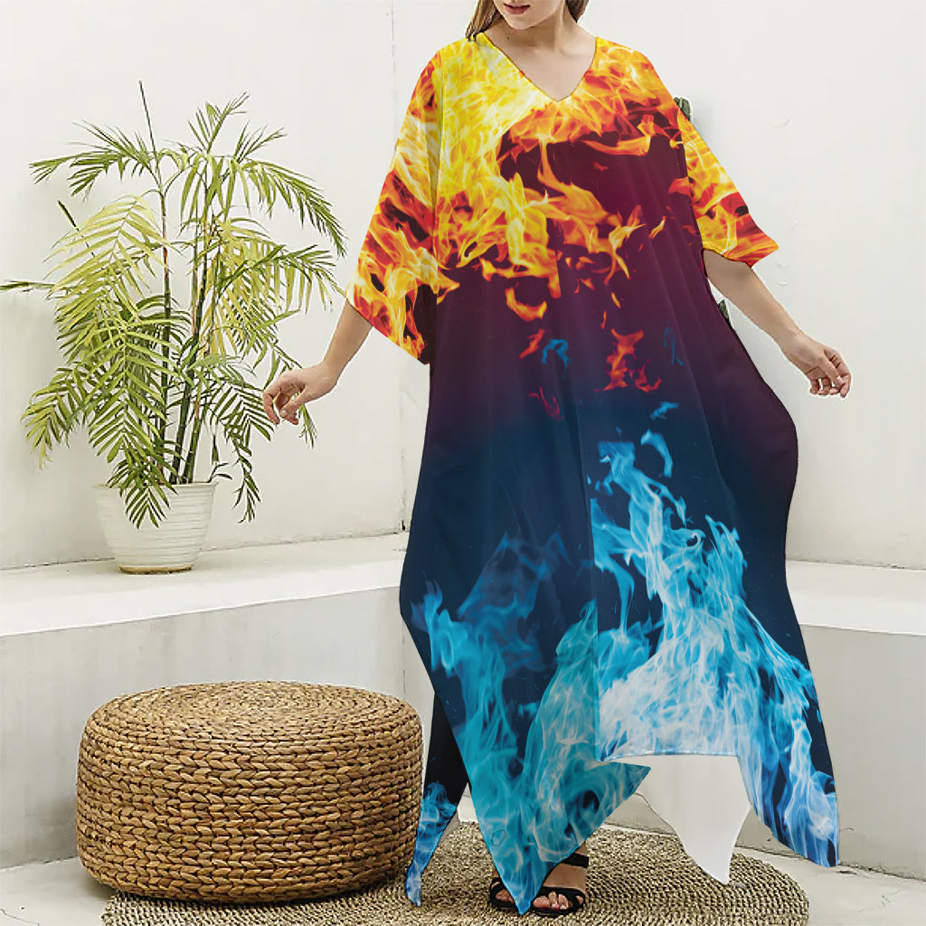 Red And Blue Fire Print Silk V-Neck Kaftan Dress