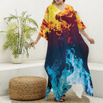 Red And Blue Fire Print Silk V-Neck Kaftan Dress