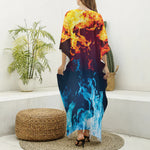 Red And Blue Fire Print Silk V-Neck Kaftan Dress