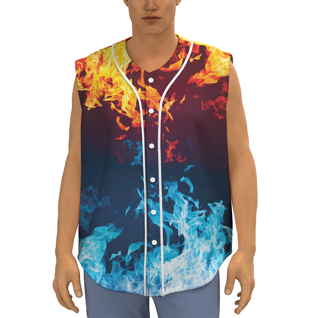 Red And Blue Fire Print Sleeveless Baseball Jersey