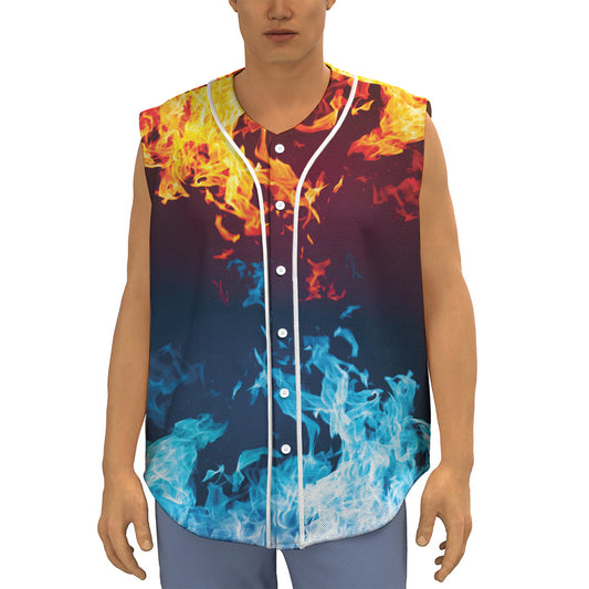 Red And Blue Fire Print Sleeveless Baseball Jersey