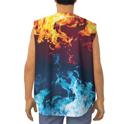 Red And Blue Fire Print Sleeveless Baseball Jersey