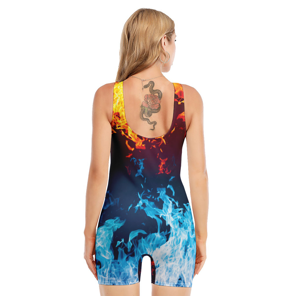 Red And Blue Fire Print Sleeveless One Piece Swimsuit