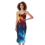 Red And Blue Fire Print Slim Fit Midi Cami Dress