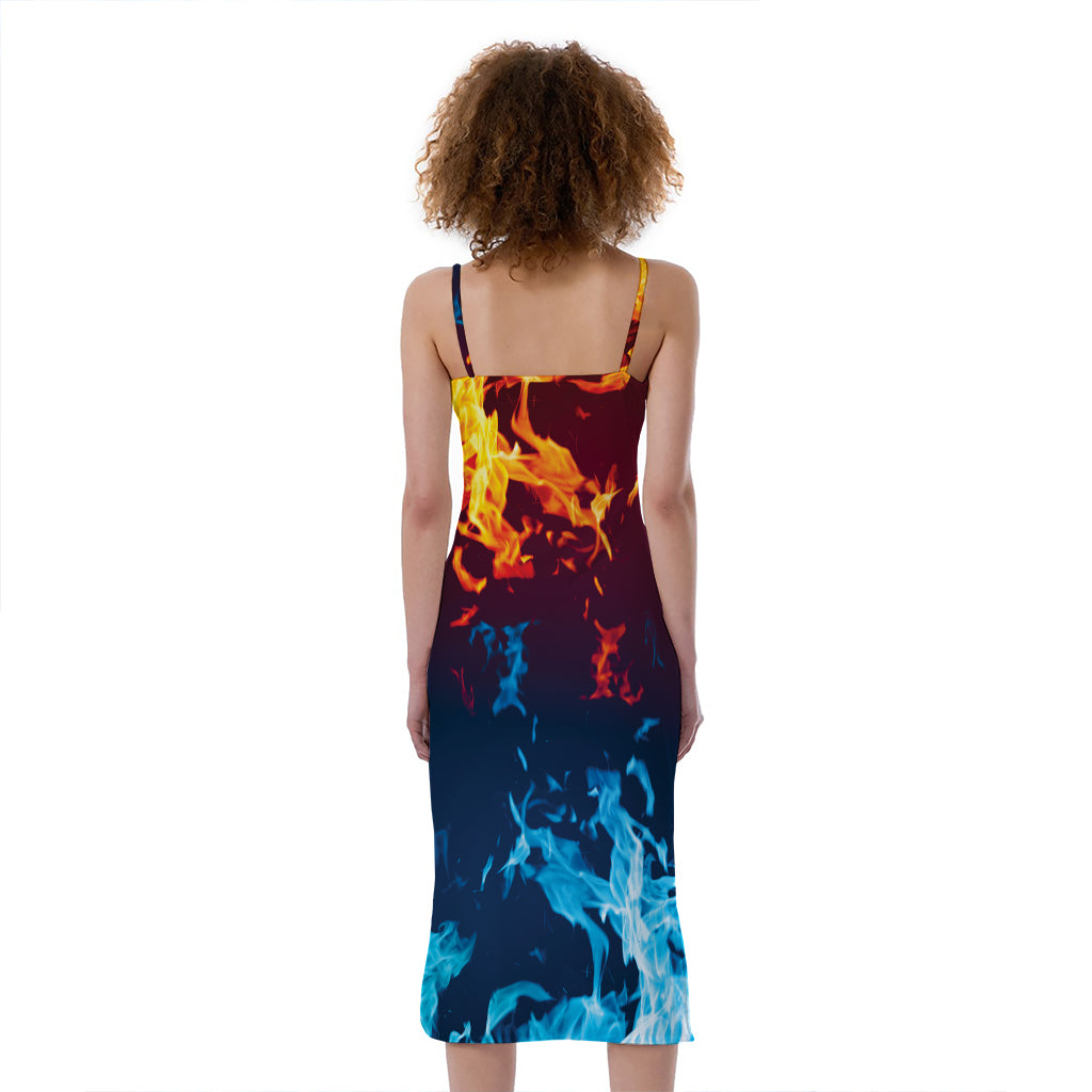 Red And Blue Fire Print Slim Fit Midi Cami Dress