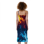 Red And Blue Fire Print Slim Fit Midi Cami Dress