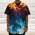 Red And Blue Fire Print Textured Short Sleeve Shirt