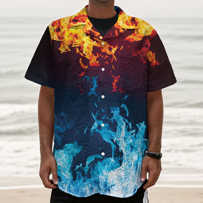 Red And Blue Fire Print Textured Short Sleeve Shirt