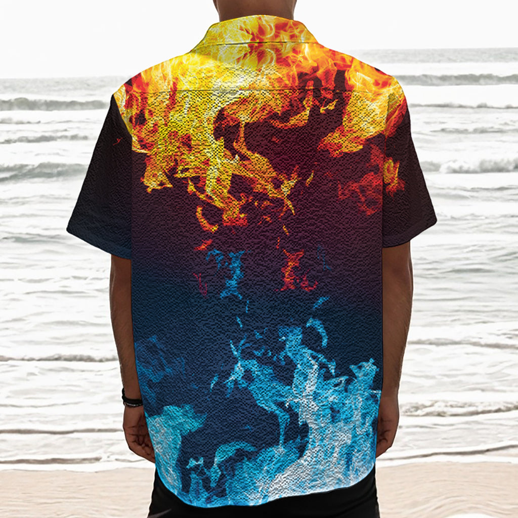 Red And Blue Fire Print Textured Short Sleeve Shirt