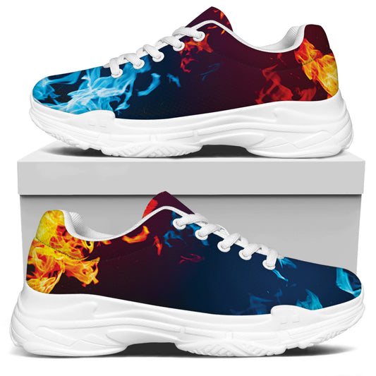 Red And Blue Fire Print White Chunky Shoes