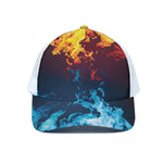 Red And Blue Fire Print White Mesh Trucker Cap
