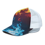 Red And Blue Fire Print White Mesh Trucker Cap