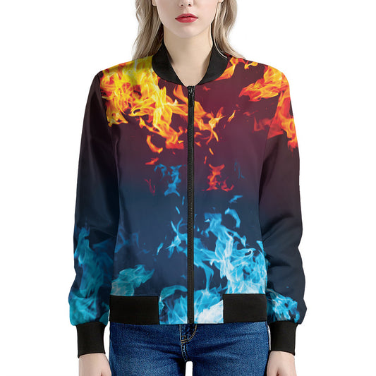 Red And Blue Fire Print Women's Bomber Jacket