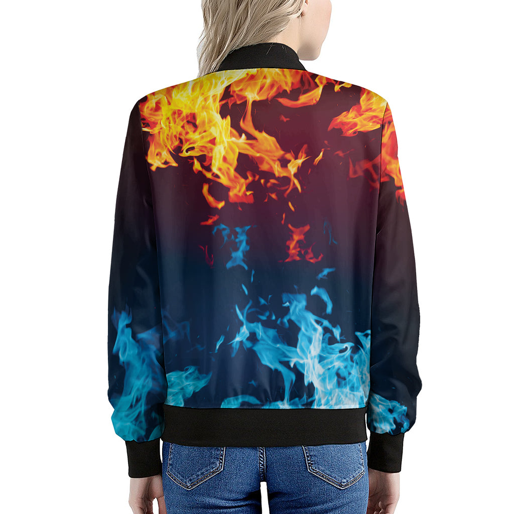 Red And Blue Fire Print Women's Bomber Jacket