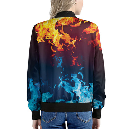 Red And Blue Fire Print Women's Bomber Jacket